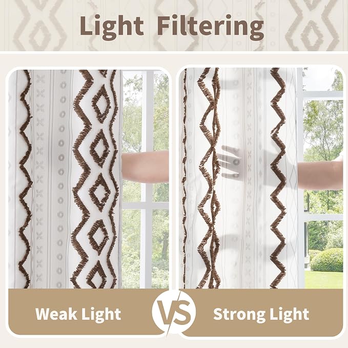 BGment Jacquard Brown Linen Curtains for Living Room, Boho Tufted Pom Stripe Modern Farmhouse Drapes for Bedroom Light Filtering, 52 X 84 Inch, 2 Panels