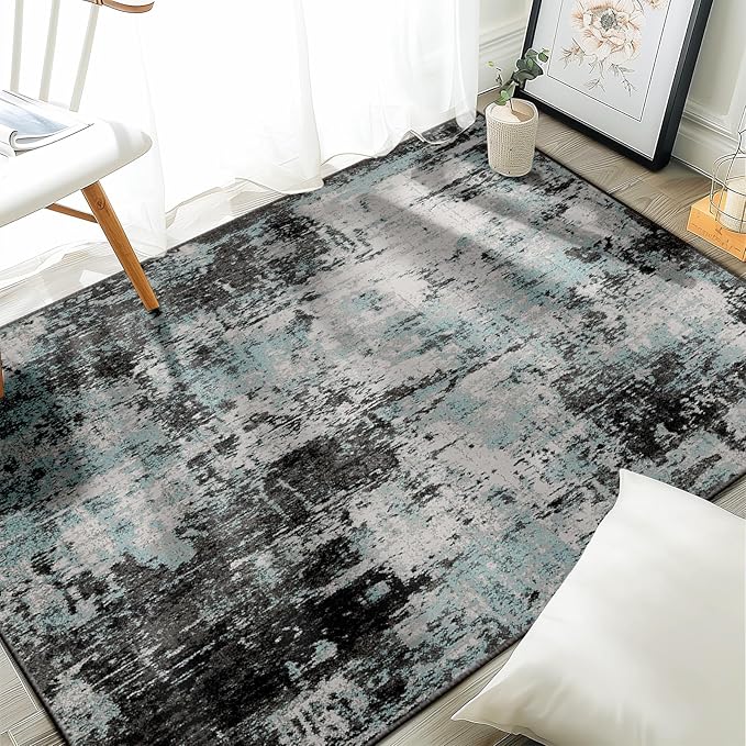 RELEANY Washable Area Rugs 3'x5' Non-Slip Modern Abstract Soft for Living Room Entryway Bedroom Nursery, Print Pattern, Blue Black Teal
