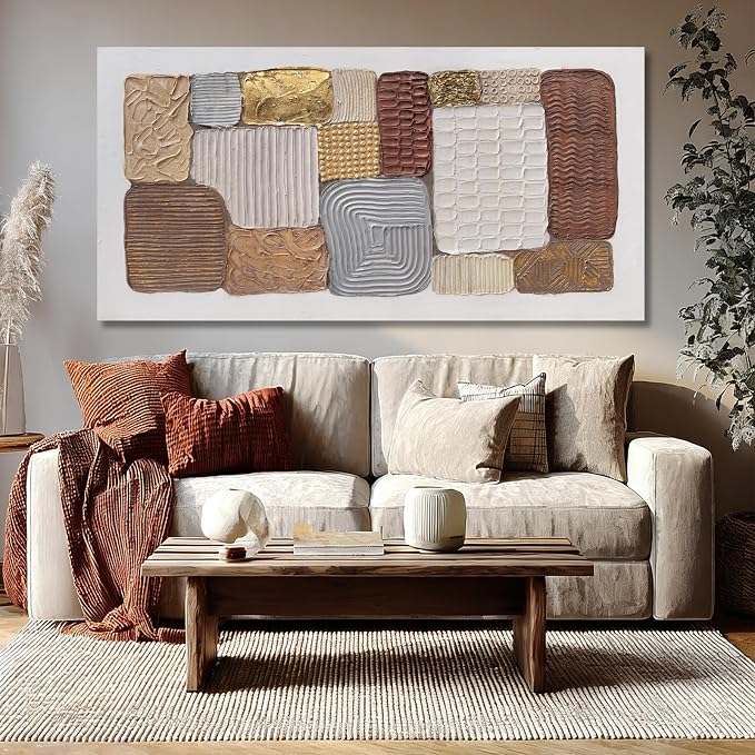 Dolidoteart Canvas Wall Art, Large Abstract Wall Art Print in Neutral Brown Beige Gold, Geometric Textured-Look Artwork for Living Room Bedroom Office, 24x48 Inch