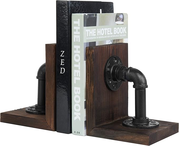 MyGift Book Ends Decorative, Bookends for Shelves, Metal Bookends for Heavy Books, Office Decor for Men, Wood Book Stopper, Realistic Industrial Pipe Design, Dark Brown