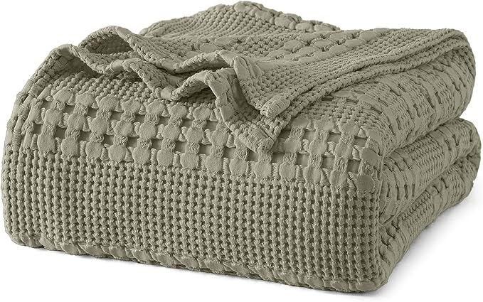 PHF 100% Cotton Waffle Blanket Queen Size for Bed, Lightweight Breathable and Soft for Summer, Luxury Aesthetic Waffle Weave Blanket for Home Decor & Gifts for Women, 90"x90", Dusty Sage