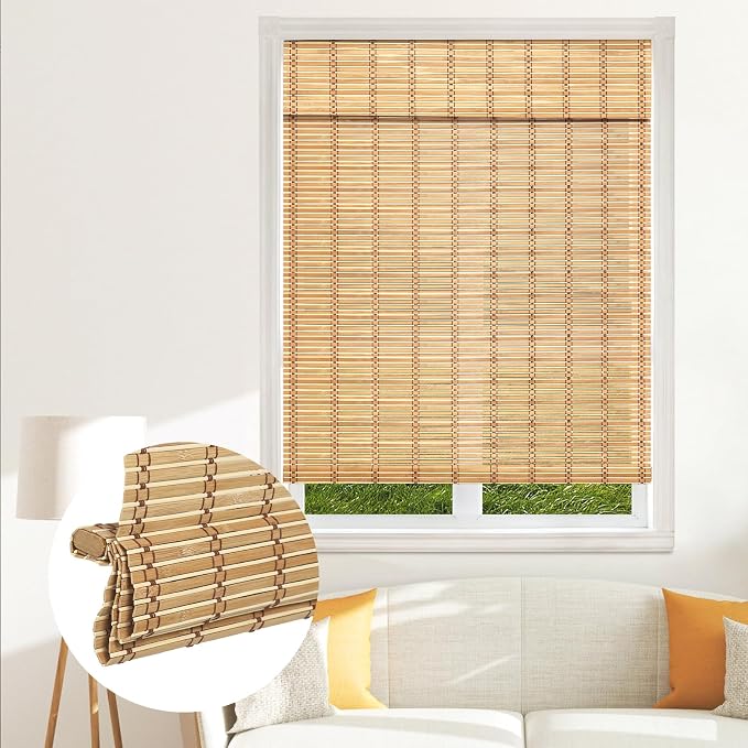 SEEYE Cordless Bamboo Blinds, Light Filtering Bamboo Roller Shades - Natural Roman Blind Shade, Roll Up Blind for Windows, Easy to Install for Door, Patio, Bedroom - 22" W x 64" H, Natural