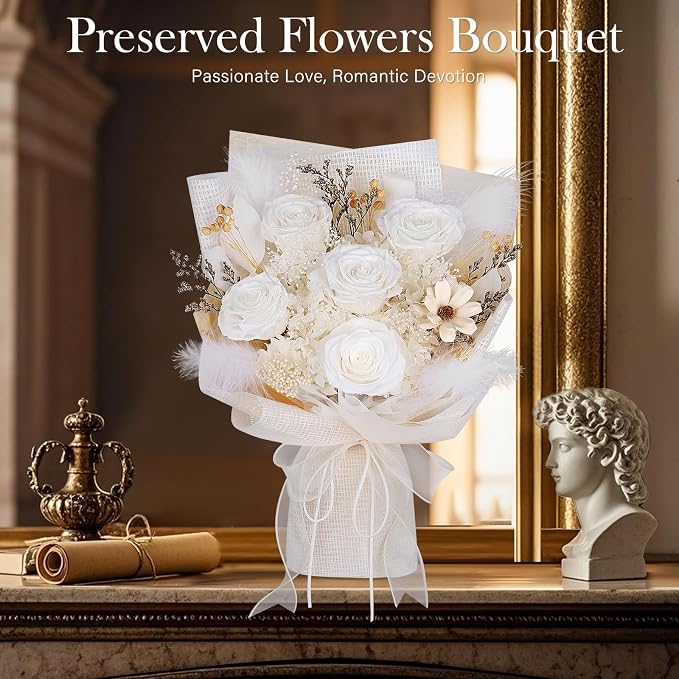 Preserved Bouquet of Flowers - 5 Roses & Flowers for Delivery, Real White Forever Flower, Eternal Roses Bouquet, Mothers Day Gifts for Mom Grandma Wife, Anniversary Birthday Gifts for Women