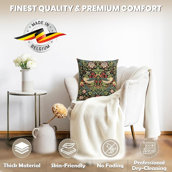 Charlotte Home Furnishings Inc Black Strawberry Throw Pillow Covers 18x18, European 100% Cotton Jacquard Woven Fabric, Boho & Vintage Inspired Decorative Cushion for Living Room and Sofa