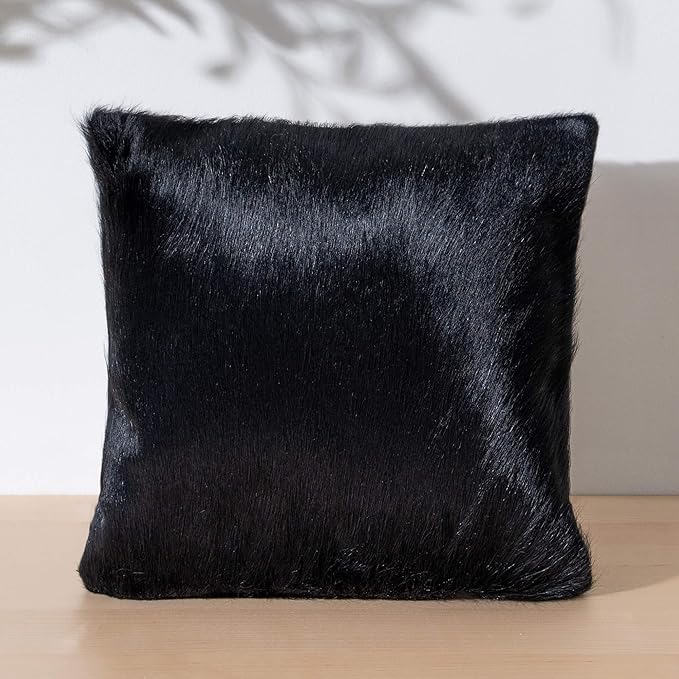 ecowhides 100% Genuine Brazilian Cowhide Pillow Cover – Solid Black – Single-Sided – Luxury Leather Decorative Cushion for Rustic & Western Home Décor – 15” x 15”