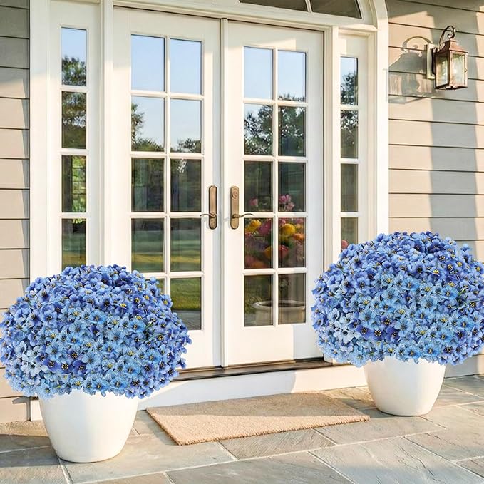 Powbrace 60 Pack Artificial Flowers for Outdoor Indoor Fake Plants, Faux Silk Flowers for Outdoors Outside Front Porch Hanging Planter Window Box Garden Spring Decoration(Blue)