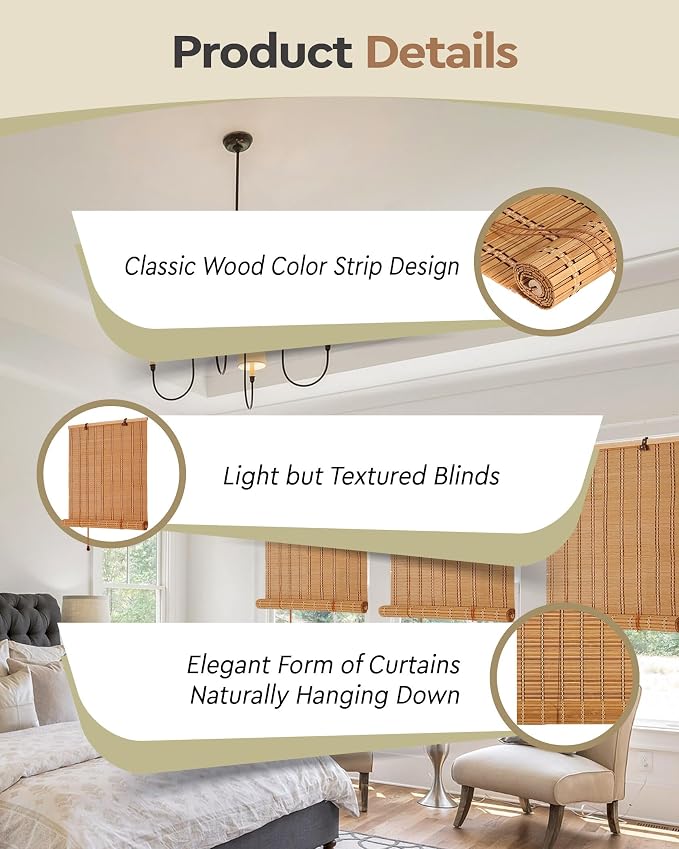 FoundGo 24" W x 72" H Bamboo Roller Blinds Sun Shade - Light Filtering Curtains for Windows and Doorways, Retro Style