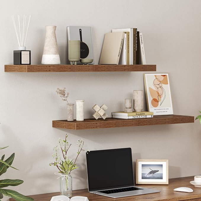 Floating Shelves for Wall 36 Inches Long,9.3" Deep Rustic Brown Floating Shelf Set of 2,Wall Mounted Shelves for Bathroom Bedroom Living Room Kitchen Office,Shelf for Books Storage,Home Decor