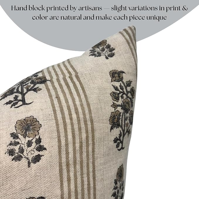 Linen Blue Throw Pillow Covers 18x18 inch Beige Stripe Floral Pillows Spring Decorative Pillow Covers for Living Room Bedroom