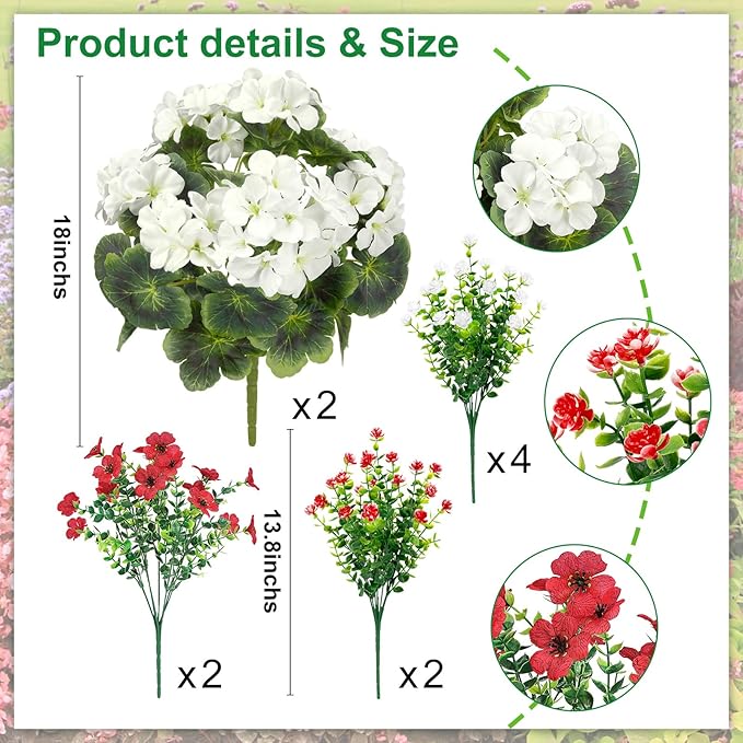 Ouddy Decor 18'' Artificial Geraniums Flowers for Outdoors, 10 Bundles Mixed Fake Silk Flowers Plastic Plants UV Resistant for Summer Garden Porch Patio Planter Home Decor, White