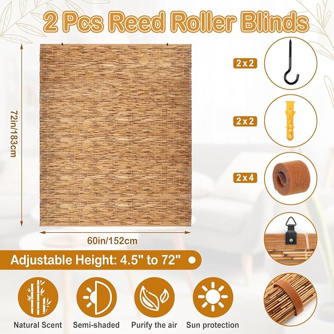 DoubleFill 2 Pcs Bamboo Shades Outdoor Reed Roll up Blinds 60" W x 72" H Blackout Sunshade Cordless Bamboo Blinds for Home Porch, Patio & Windows Decor Shutters Sunlight Privacy Screen(Carbon Brown)