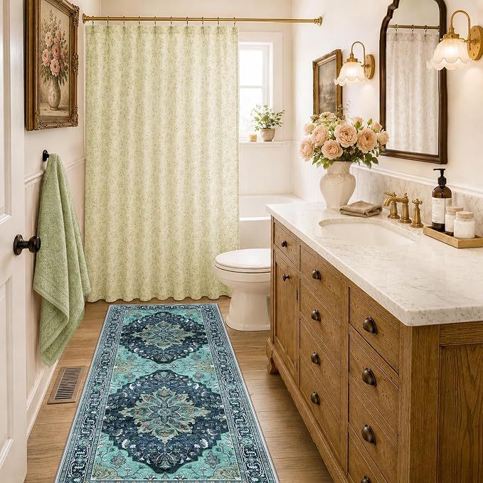 RELEANY Area Rugs Runner 2'x6' Washable Non-Slip, Floral Vintage Distress Medallion Carpet for Kitchen Hallway Bedroom Beside Laundry Room Bathroom, Teal Green Lake Blue Turquoise