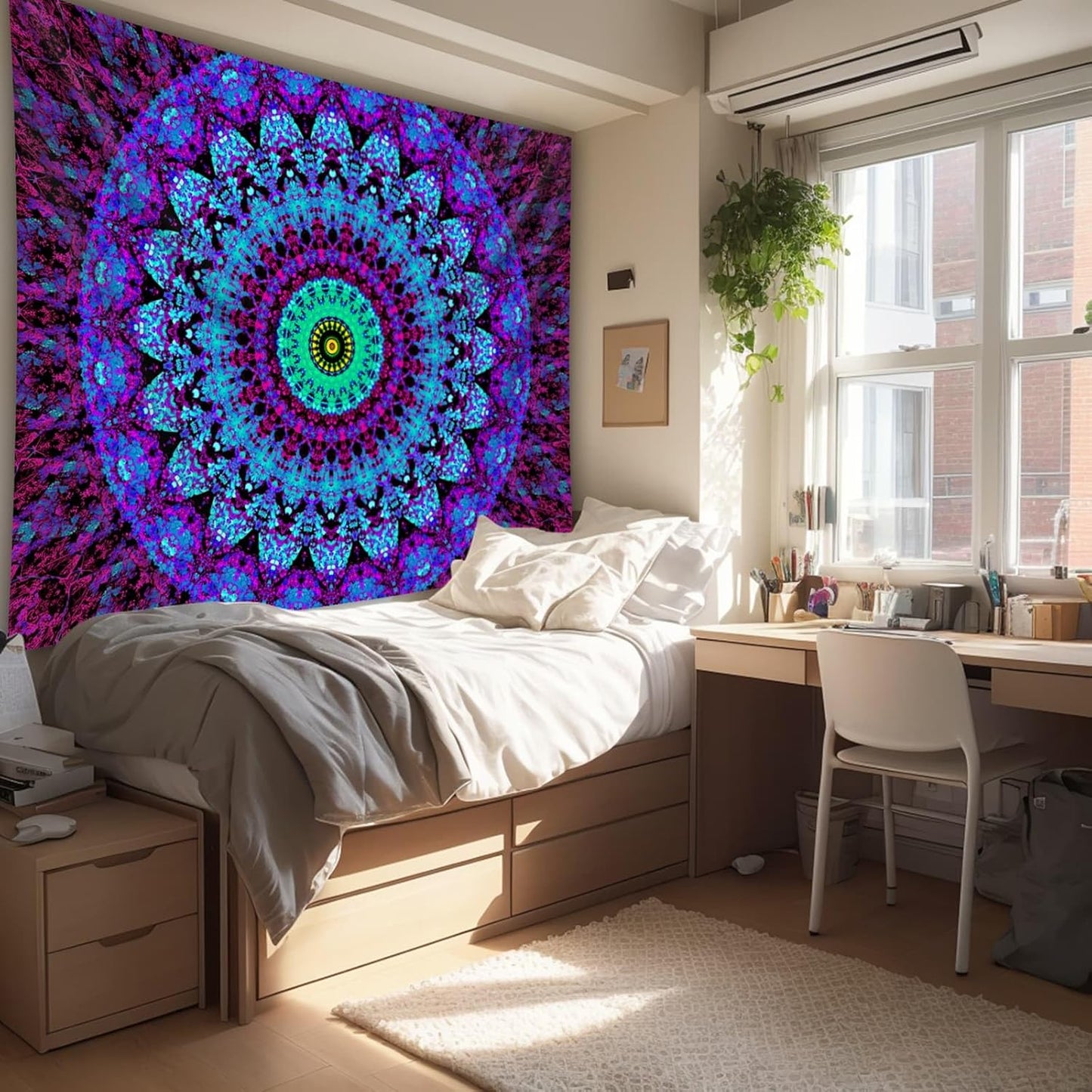 Blacklight Mandala Boho Tapestry, Black Light Bohemian Hippie Poster for Adults and Teens, UV Reactive Aesthetic Wall Art Decor for Bedroom (90 x 70 Inches)