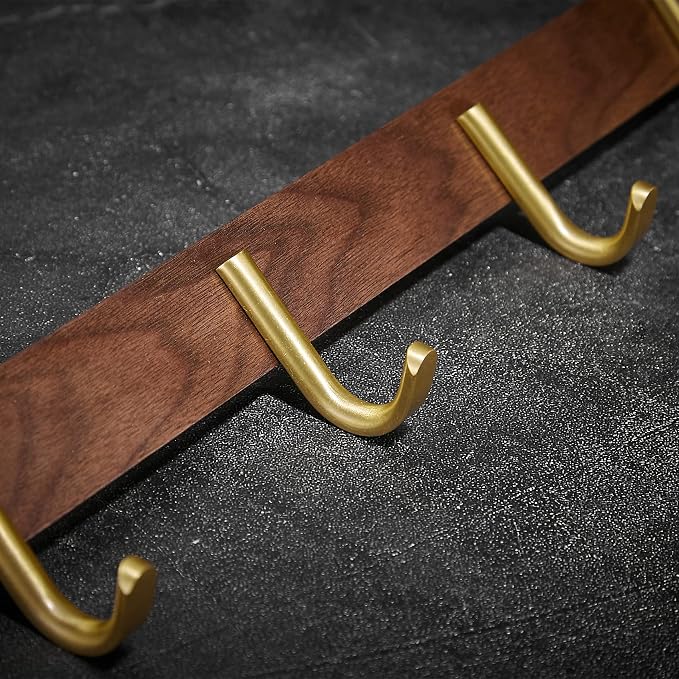 Wall Mounted Coat Rack, Entryway Hanging Rack with Rustic Hooks for Coat, Scarf, Bag, Towel, Key, Cap, Hat - Walnut Gold Matt (5 Hooks - J Shape)