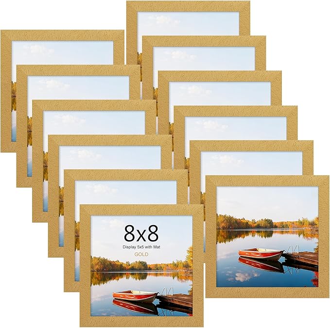 Picrit 8x8 Picture Frame Set of 12, Display 5x5 with Mat or 8 x 8 Without Mat, Photo Frames for Wall Mounting or Table Top Display, Gold