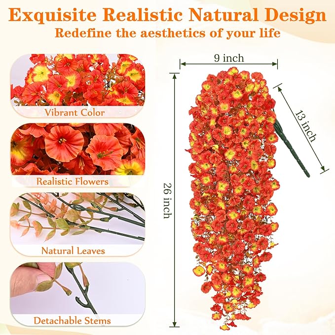 Dolicer 4 Packs Look Real Artificial Fall Flowers Mums for Outdoors, Realistic Faux Mums for Outdoor Planters, UV Resistant Fall Flowers Artificial for Decoration Front Porch (Mixed Orange)