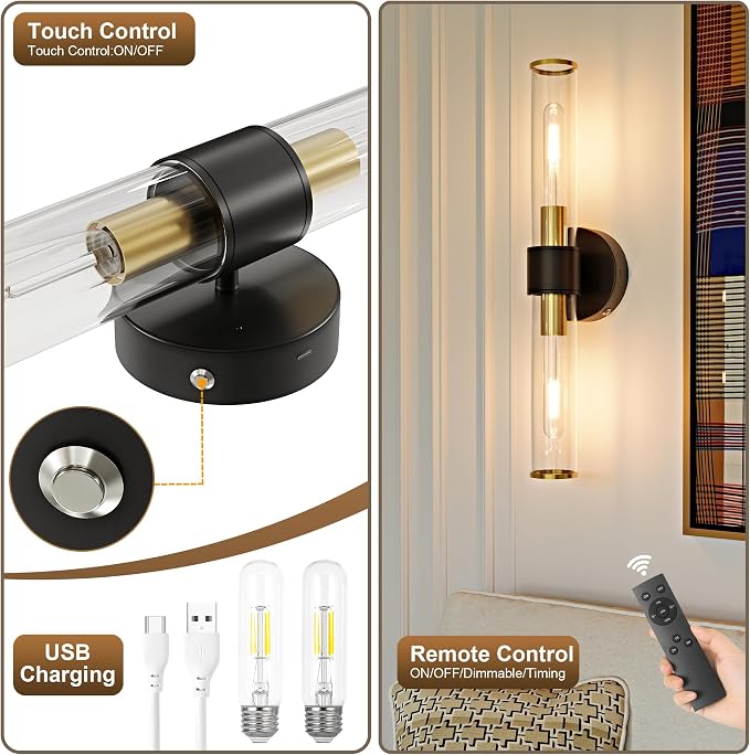 Morauroral Battery Operated Wall Sconce, 20 Inch Rechargeable Wall Lights with Remote, Black Gold Modern Wireless Wall Lamp for Bedroom, Living Room with White Shade (Bulbs Included)