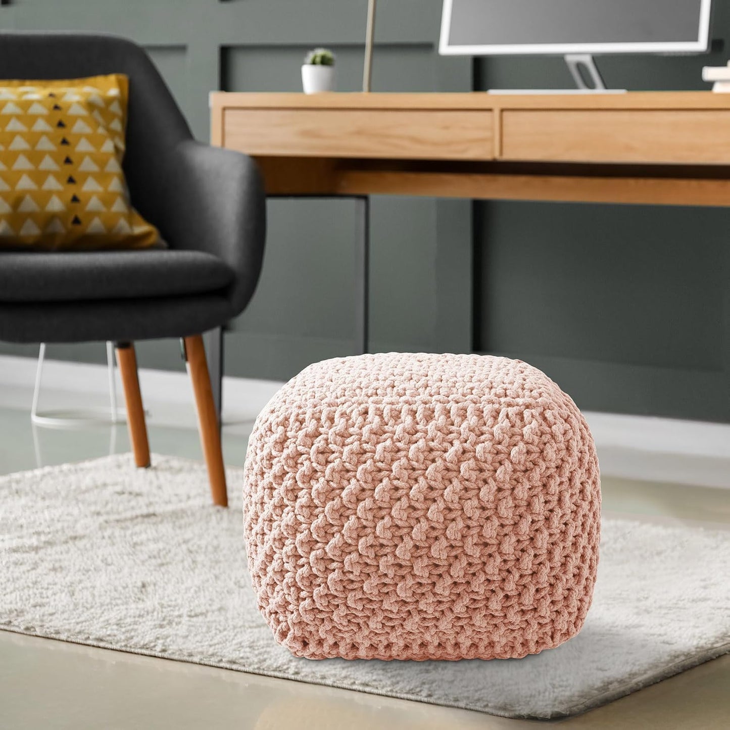 Casafield Square Pouf Ottoman, Light Pink 18.5" W x 18.5" D x 14.5" H Cotton Knit Foot Stool - Boho Floor Pouffe for Living Room, Bedroom, Home Office