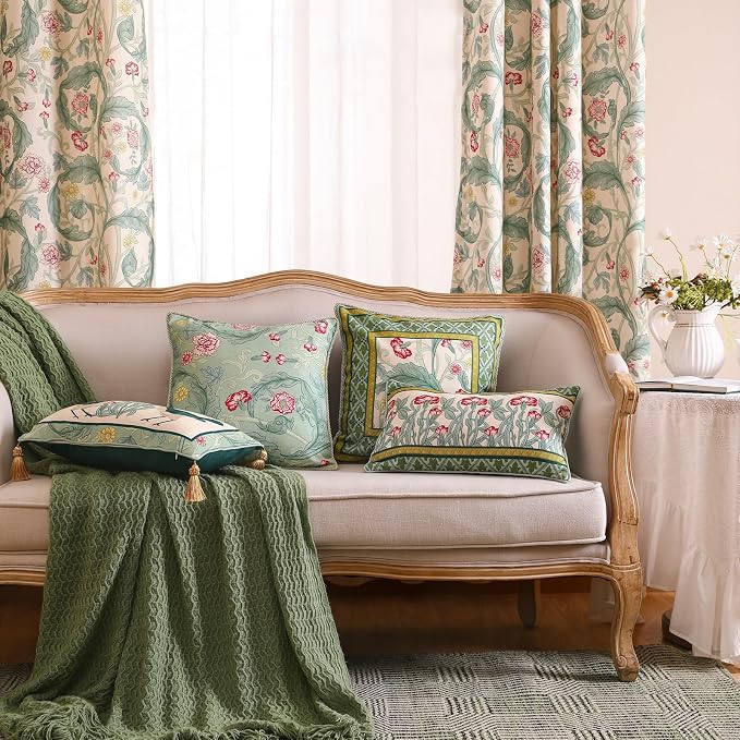 patdrea French Vintage Linen Throw Pillow Cover,18"x18",Set of 2-Cecilia B | Decorative Pillow Case with Zipper,Green Floral Pattern,Cushion Coverfor Couch Living Room Bedroom Sofa