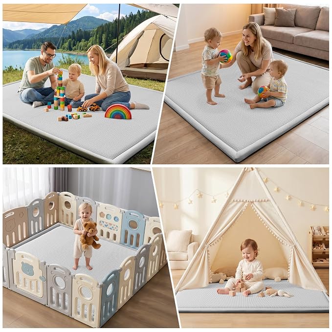 Baby Play Mat for Floor Tummy Time Nursery Rug Muscle Area Rug Playroom Rug 59x79" Elastic Foam 1.3" Thick Crawling Mat for Babies,Toddlers, Infants,Kids(Plaid Light Grey)