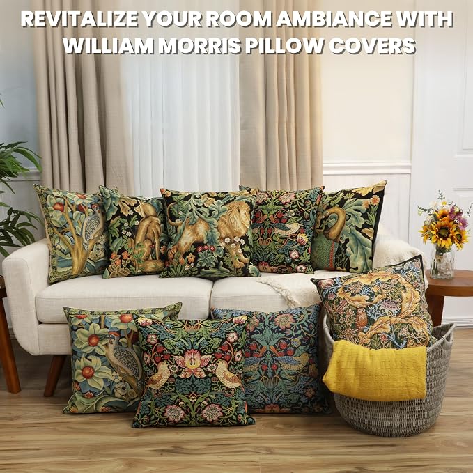 Charlotte Home Furnishings Inc Strawberry Thief Black Throw Pillow Covers 18x18, European 100% Cotton Jacquard Woven Fabric, Boho & Vintage Inspired Decorative Cushion for Living Room and Sofa