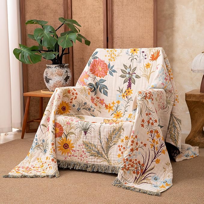 Boho Throw Blanket for Home Decor, Soft Throw Rustic Classic Quilt,100% Cotton Muslin Blankets for Adults, Reversible Woven Decorative Summer Blanket for Bed Layering Use, Floral, 50"x60"Gift for Mom