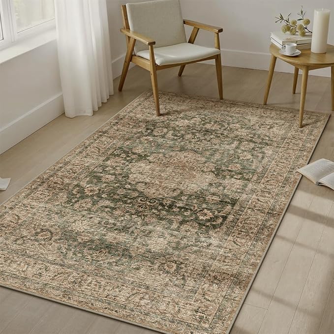 4x6 Washable Area Rug Green Brown Vintage Non Slip Soft Low Pile Rug for Entryway Kitchen Bathroom Distressed Oriental Throw Carpet for Living Room Bedroom Home Decor