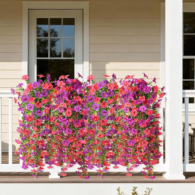 Artificial Fake Flowers Plants for Outdoor Spring Summer Decoration,2 PCS Faux Silk Morning Glory with Eucalyptus Leaves,UV Resistant Realistic Outdoor Flowers for Balcony Porch Patio Yard Garden