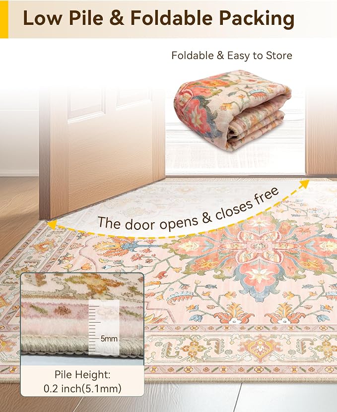 RELEANY Area Rugs 4'x6' Washable Non-Slip, Floral Vintage Distress Medallion Carpet for Living Room Bedroom Dining Room, Light Pink Colorful