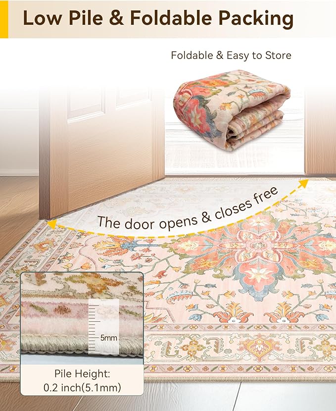 RELEANY Area Rugs 8ft Washable Non-Slip, Floral Vintage Distress Print Pattern Medallion Carpet for Living Room Bedroom Dining Room, Light Pink Colorful