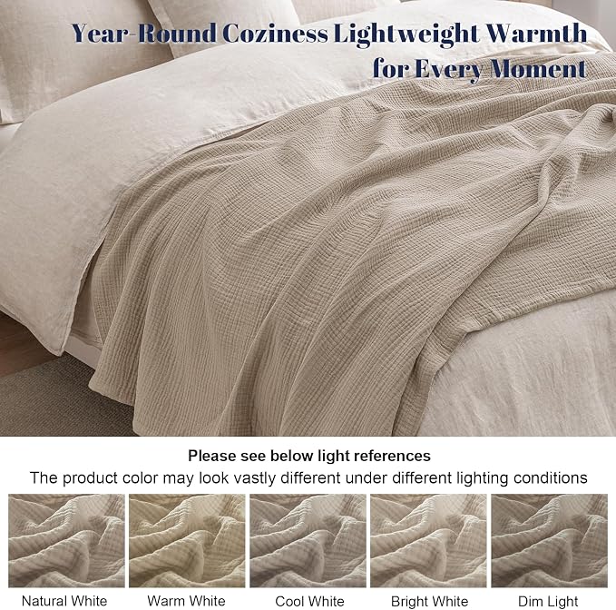PHF 100% Cotton Muslin Throw Blanket 50" x 60", 4-Layer Lightweight Gauze Throw, Breathable Cloud-Soft Minimalist Blanket for Bed, Couch, Camping, Taupe, Ideal Gift