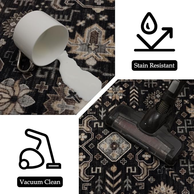 Ruaruarug Washable Area Rug Runner 2×6 for Kitchen Living Room Bedroom, Ultra Soft Non Slip Stain & Fade Resistant, Pet & Kids Friendly, Suitable for High Traffic Areas Easy to Clean, Black Gold