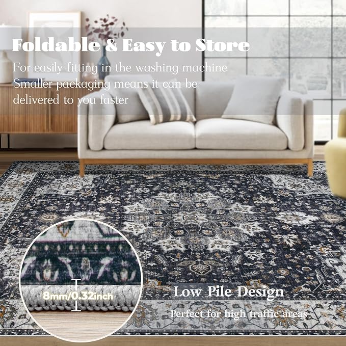 Area Rug 6x9 Washable Rug, Vintage Boho Medallion Rugs Non-Slip Soft Low Pile Large Distressed Rug Indoor Retro Carpet for Living Room Bedroom Dining Room Home Office (Vintage Black, 6'x9')