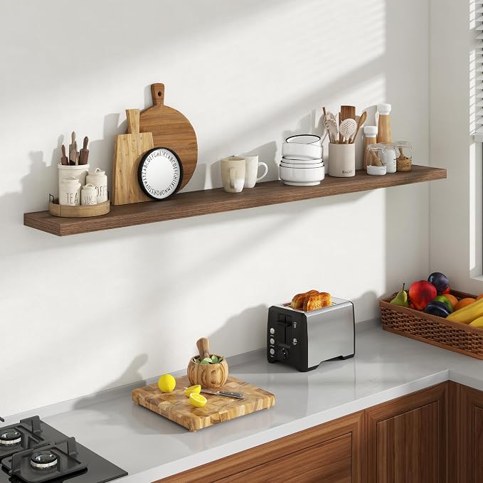 Acovy 72 Inch Floating Shelves, 8 Inch Deep Floating Shelves for Wall, Hanging Shelf with Invisible Brackets, Deep Shelves for Bathroom, Bedroom, Living Room, Walnut, Set of 1