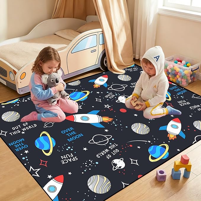 Space Rug for Kids Room 2.5x4 Feet, Solar System Rugs for Bedroom, Non-Slip Play Mat with Planets Rockets Stars, Educational Area Rug for Boys Playroom Nursery Classroom Decor