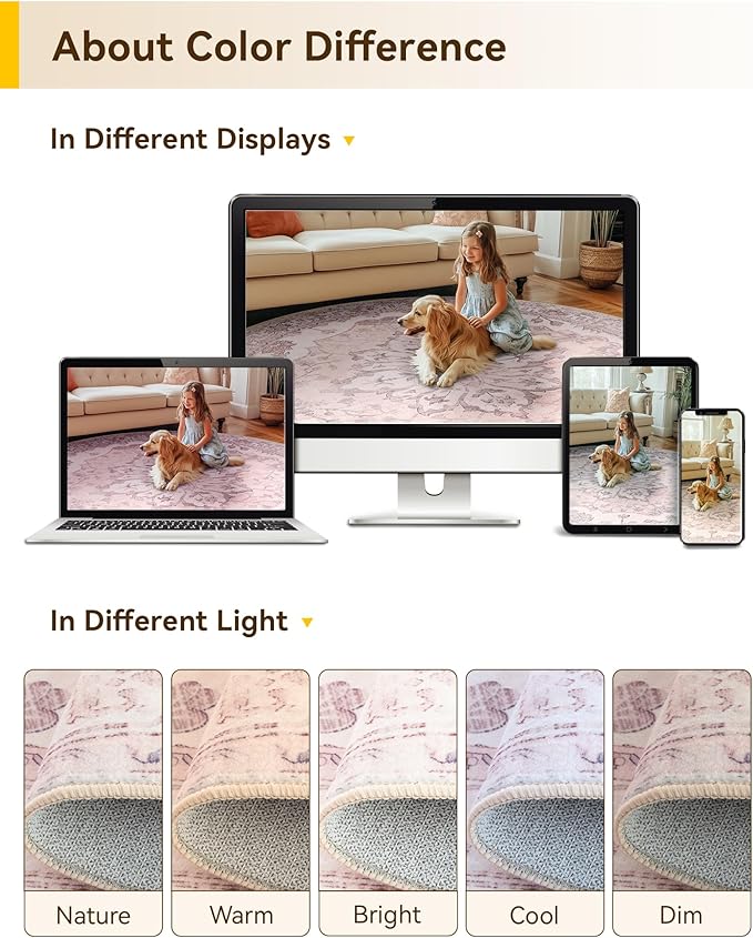 RELEANY Area Rugs 4ft Washable Non-Slip, Floral Vintage Distress Print Pattern Medallion Carpet for Living Room Bedroom Dining Room, Pink Greypink Cute