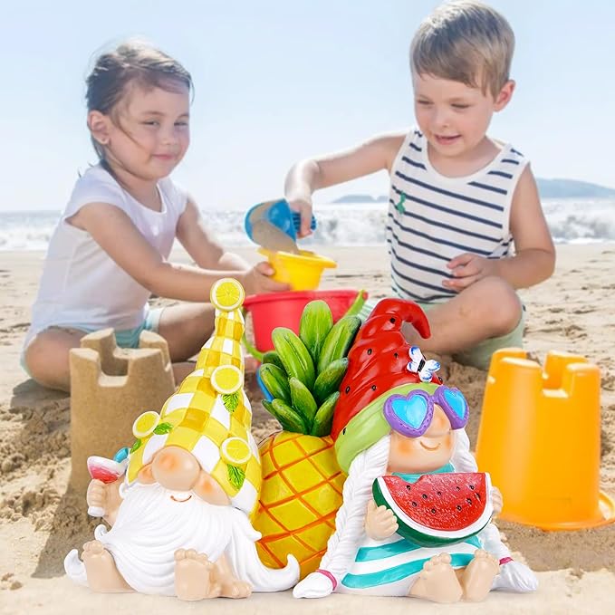 Hodao Summer Fruit Themed Garden Gnomes Decor - Lemon & Watermelon Design with Pineapple Accent - Adorable Resin Figurines for Home, Yard & Patio Decor