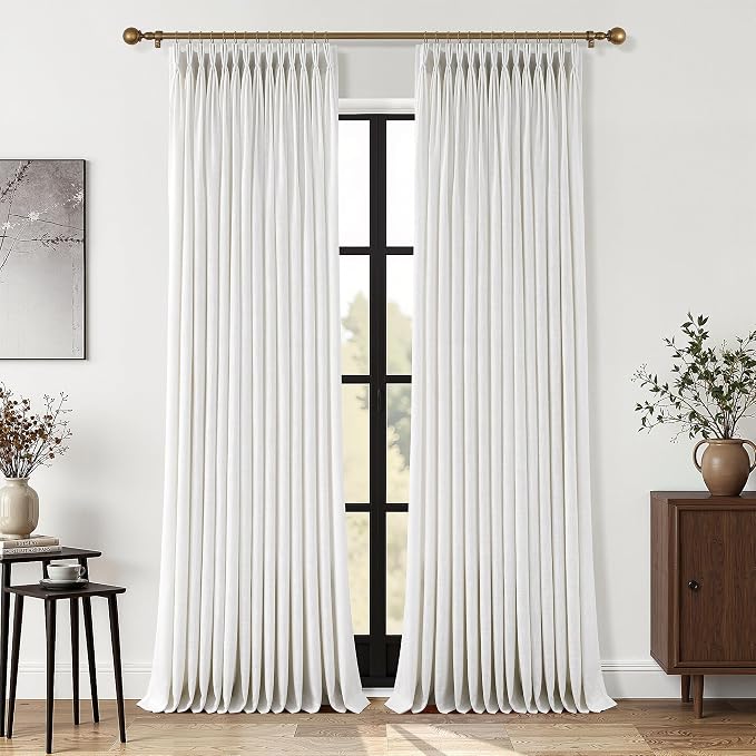 102 Inches Long Pinch Pleated Linen Curtains for Living Dining Room Bedroom Natural Cream Beige Light Filtering Neutral Privacy Curtains 102 Inch Semi Sheer Pleated Linen Drapes for Sliding Glass Door
