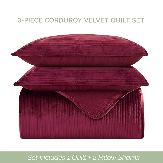 Elegant Comfort Luxury 3-Piece Velvet Corduroy Stripe Quilt Set, Ultra Soft Bedspread - Cozy Velvet Coverlet Set - 3PC Medium Weight Quilted Set with Matching Pillow Shams, Twin, Burgundy