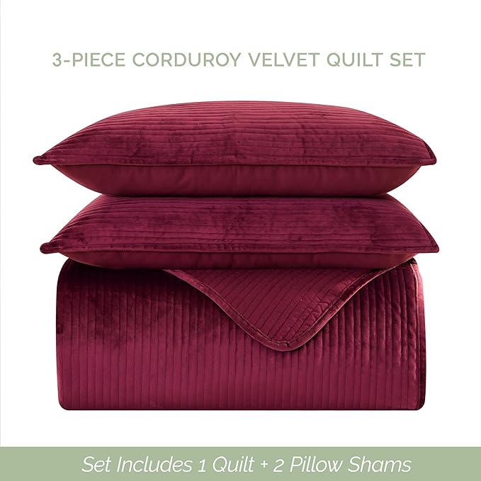Elegant Comfort Luxury 3-Piece Velvet Corduroy Stripe Quilt Set, Ultra Soft Bedspread - Cozy Velvet Coverlet Set - 3PC Medium Weight Quilted Set with Matching Pillow Shams, Queen, Burgundy