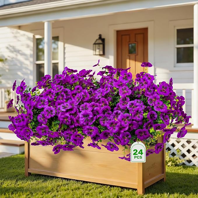 24 Pcs Artificial Fake Pansy Flowers for Outdoor,Faux Silk Plants Flowers UV Resistant Pansies Spring Flowers for Planter Front Door Porch Yard Patio garden Window Box Home Decor(Light Purple)