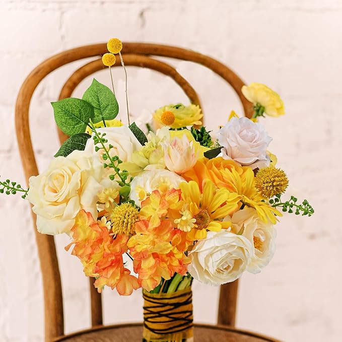 Artificial Flowers Combo Box, 31PCS Fake Flowers, Silk Flower Mix with Wire Stem, DIY Wedding Bridal Bouquet for Arrangement, Shower Party Home Décor | Golden Yellow & Ivory Mix