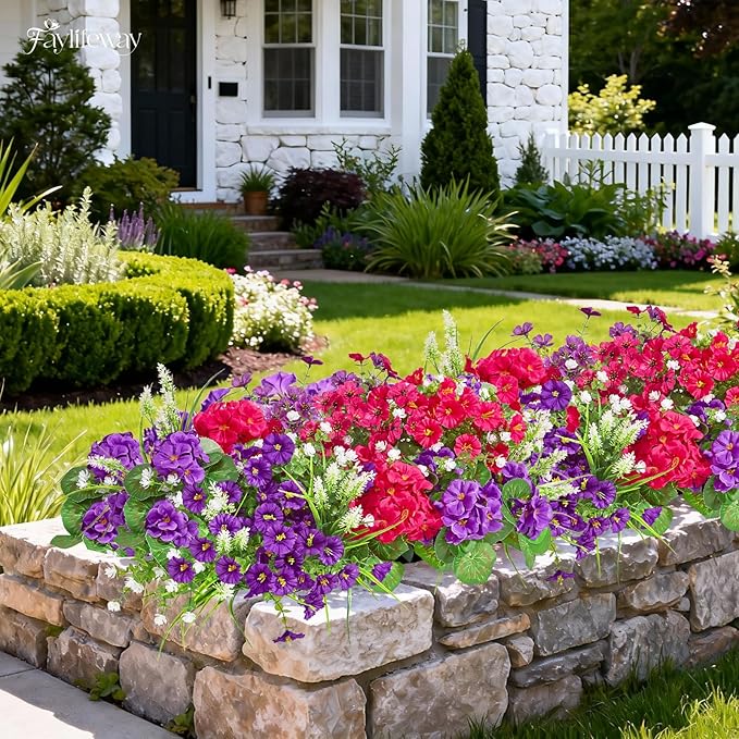 16 Bundles Artificial Flowers for Outdoors, UV Resistant Silk Faux Flowers for Outside Planters,Garden,Porch,Patio,Yard,Home Decor(Purple&Hot Pink)