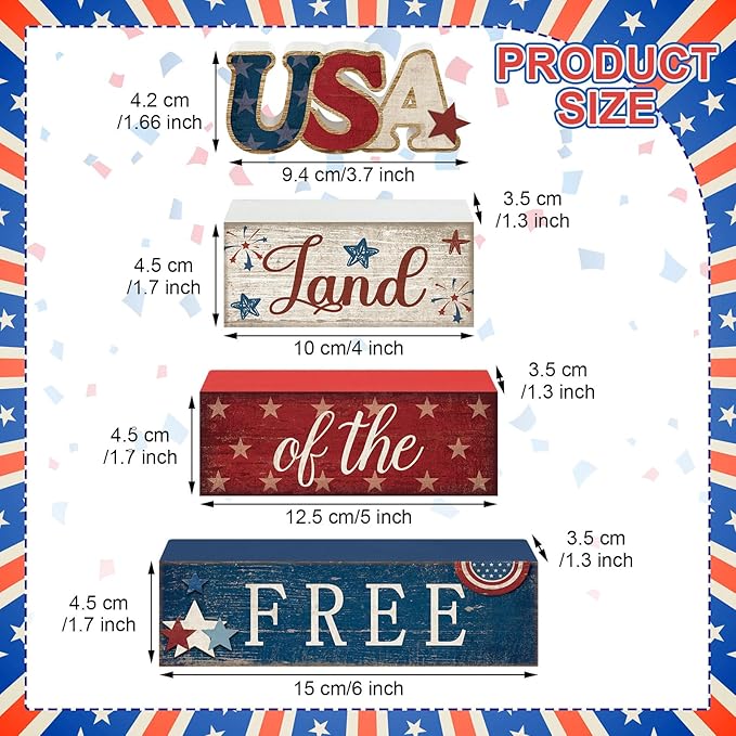 CroBlissful 4 Pcs 4th of July Decorations Patriotic Memorial Day Tabletop Decorations Red White Blue Table Centerpieces Sign for Office Tiered Tray Home Shelf 250th Anniversary(Independence Day Usa)