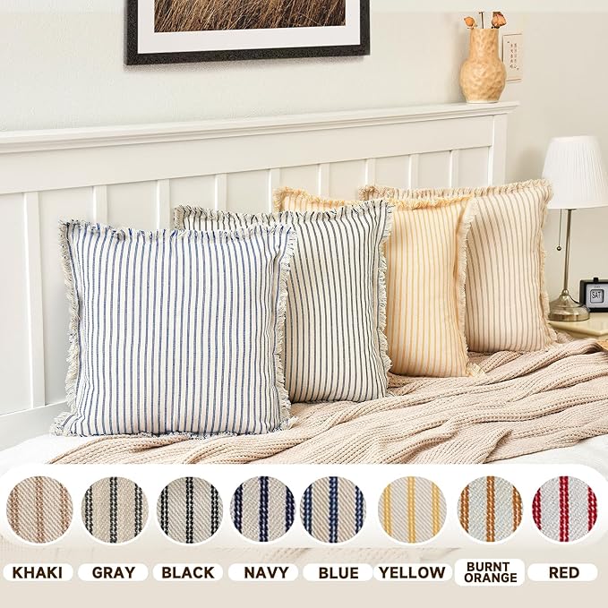 ZWJD Throw Pillow Covers 20x20 Set of 2 Striped Pillow Covers with Fringe Chic Cotton Decorative Pillows Square Cushion Covers for Sofa Couch Bed Living Room Farmhouse Decor, (Navy)