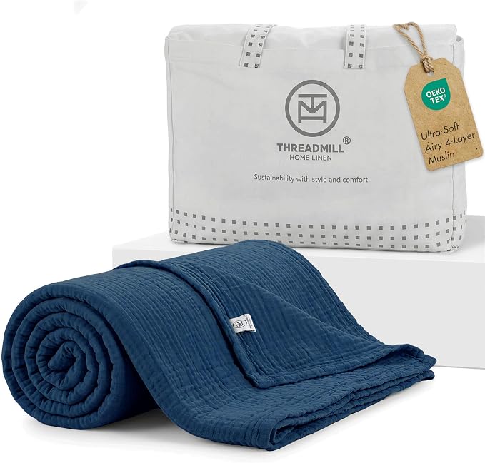 Threadmill Muslin Baby Blanket | 4 Layer Swaddle Blankets for Newborns| Multi Use Muslin Blankets 41 x 37| Ultra-Soft Breathable Baby Wrap for Boys & Girls| Registry Essential| Folkstone Blue