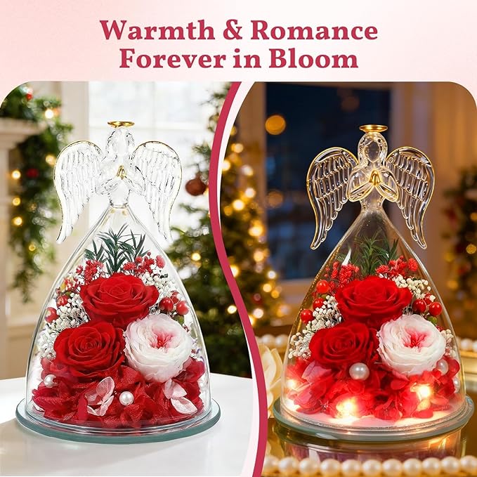 TranquilBliss Gifts for Mom, Flowers for Mother’s Day, Preserved Rose in Glass Dome with Light, Angel Figurines for Her Birthday, Valentine’s Day for Wife, Grandma, Women - Red