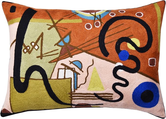 Lumbar Kandinsky Modern Pillow Cover Lyrical Mid-Century Chair Cushions Brown Abstract Pillowcase Contemporary Couch Pillowsham Sofa Hand Embroidered Wool Size 14x20