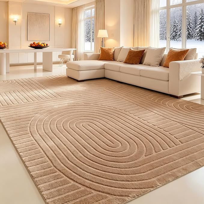 Brown Solid Area Rug 8x10 – Washable Living Room Rug, Ultra Soft Indoor Rugs for Bedroom, Modern Geometric Bohemian Pattern High-Low Pile Textured Carpet for House Apartment, Home Office Decor