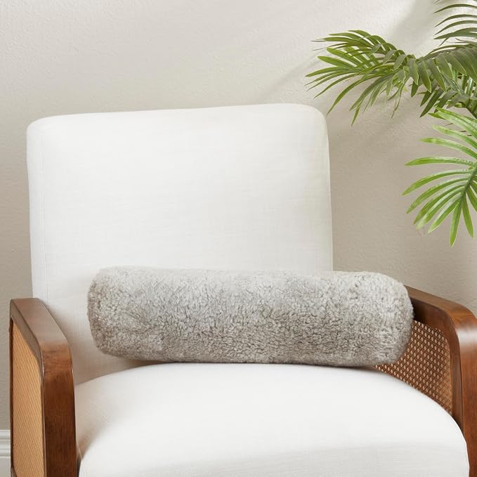 SARO LIFESTYLE Luxurious New Zealand Sheepskin Bolster Pillow with Soft Poly Fill, 6"x20", Fog
